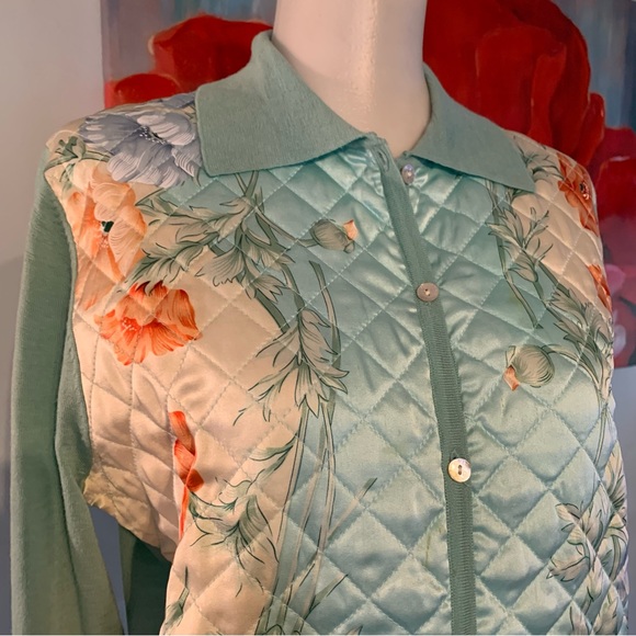 BALLA VALENTINA 38 4/6 Quilted Silk Charmeuse Floral Wool Silk Cardigan Sweater - Picture 2 of 10